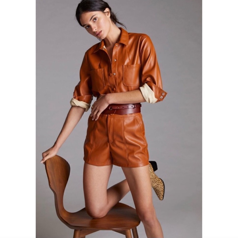 NEW Anthropologie Faux Vegan Leather Short and Snap Button Top Set Size 2